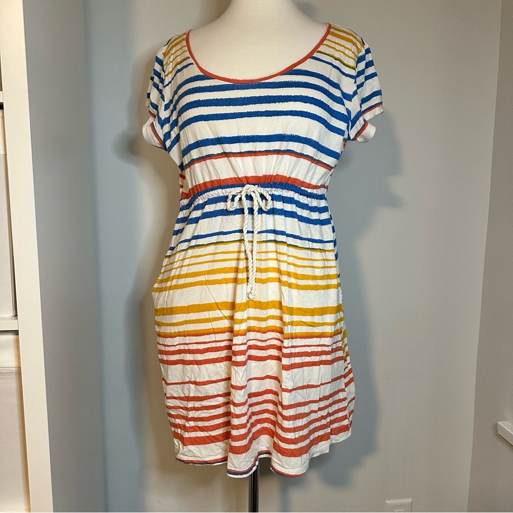 H&M Striped Tie-Waist Dress in Blue, Yellow & Orange - one pocket